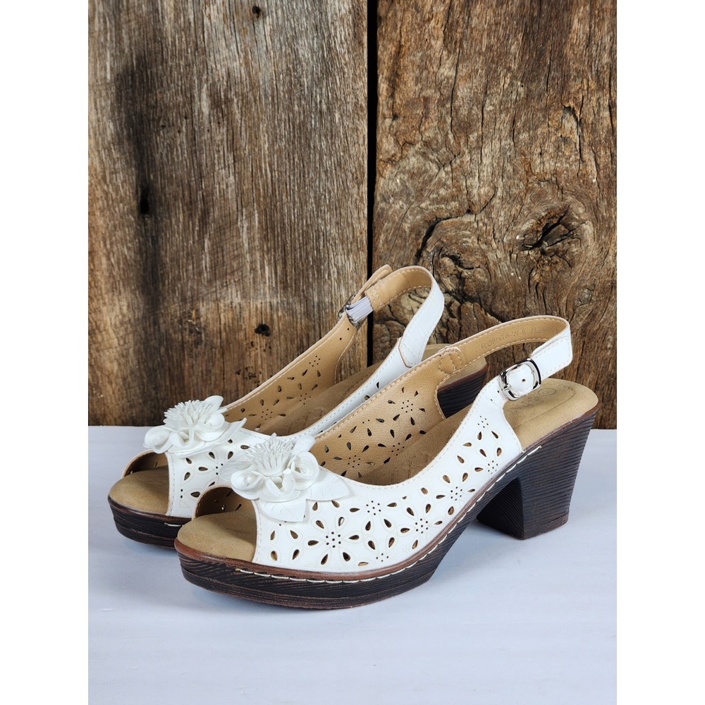 Patrizia Florista-W White Floral Laser Cut Slingback Block Heel Sandals Womens 8